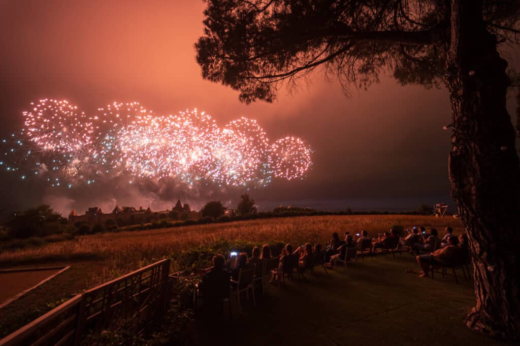 Spectateurs admirant un feu d'artifice spectaculaire le soir.