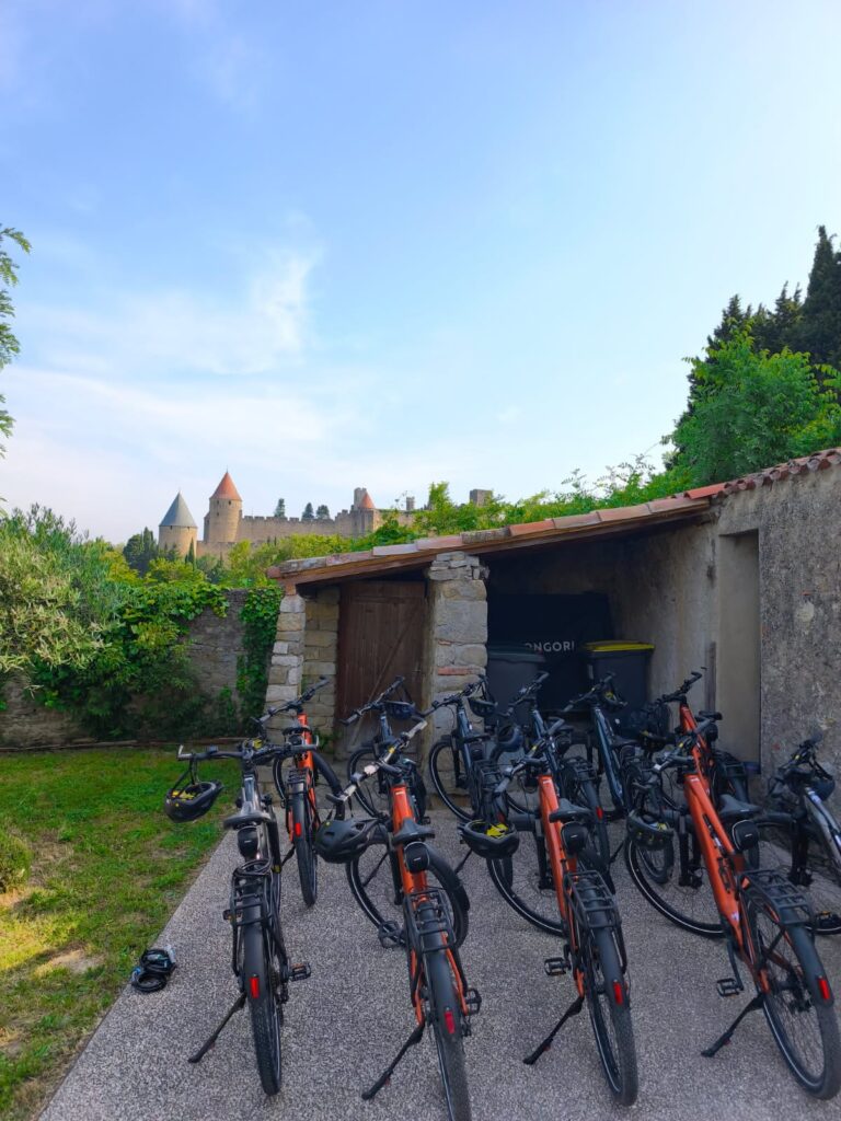Vélos électriques devant château médiéval en arrière-plan.