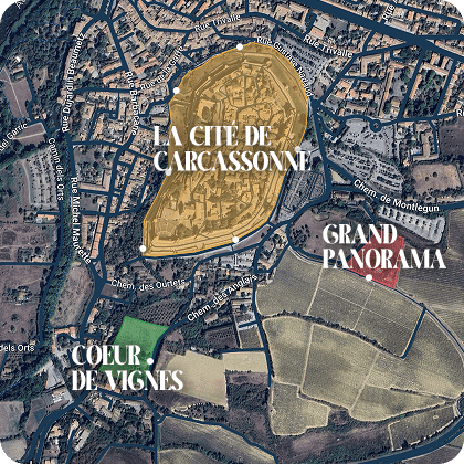 Carte aérienne de Carcassonne avec points d'intérêt.