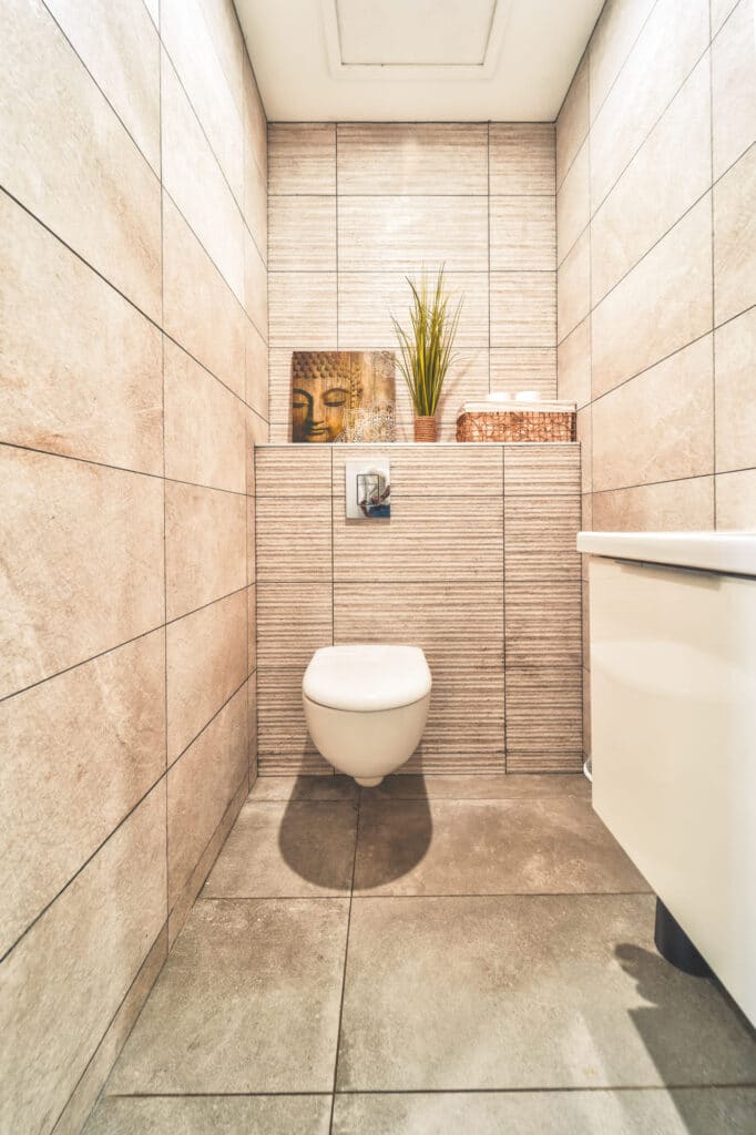 Toilettes modernes avec décoration raffinée et plantes.