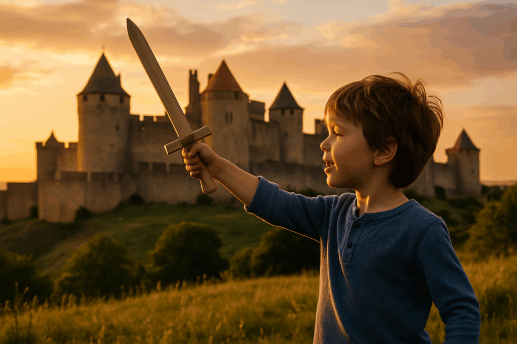 Enfant brandissant épée en bois devant château au coucher.