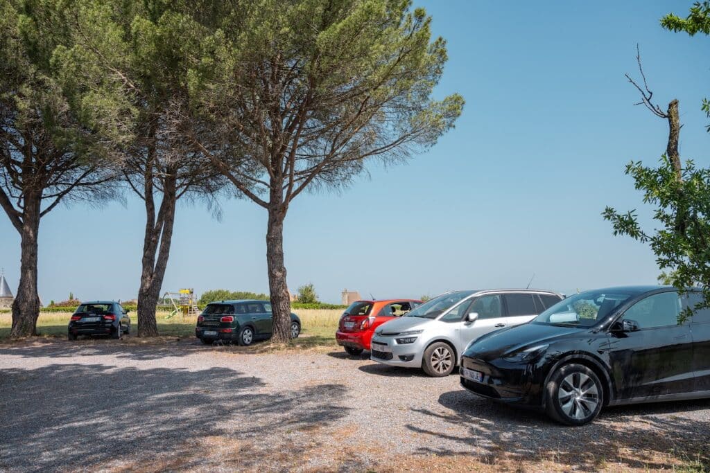Voitures garées sous arbres par beau temps