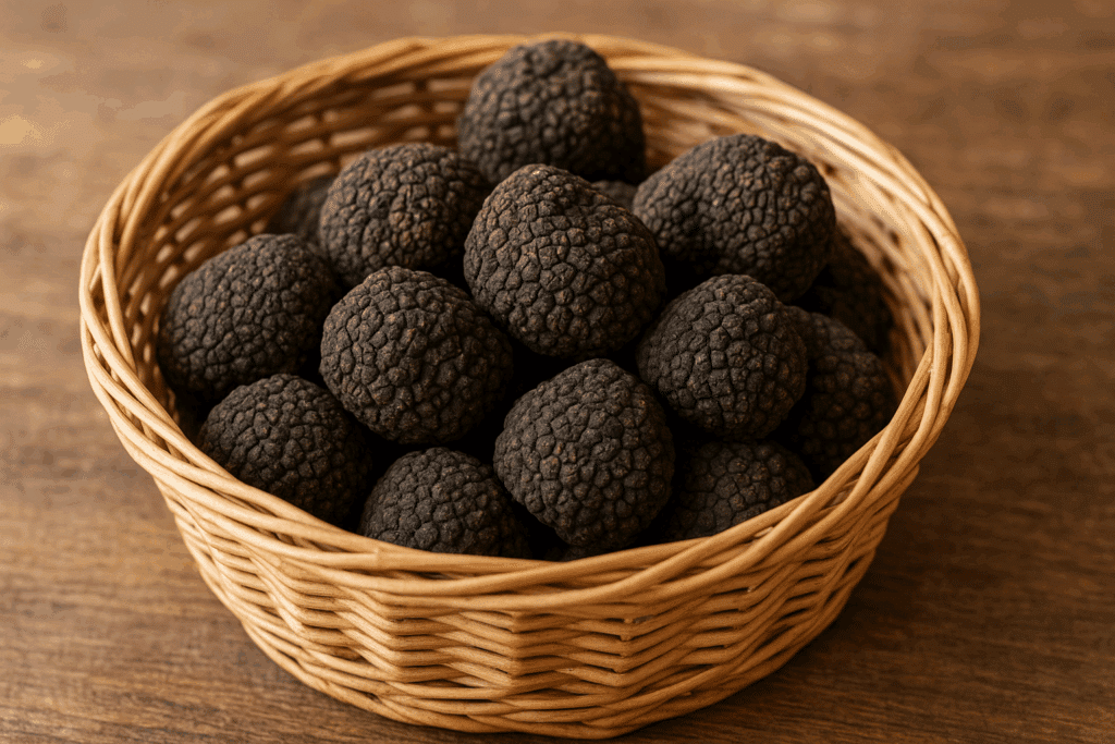 Panier de truffes noires sur table en bois.