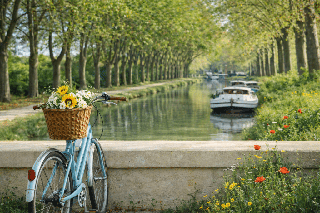Vélo avec fleurs près d'un canal et bateaux.