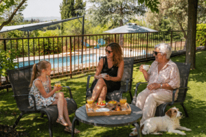 Famille profitant d'un brunch au jardin près de piscine.